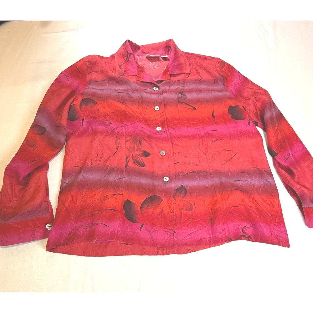 Chicos Design Silk Button Up Blouse Tropical Floral 100% Silk‎ Size 2
